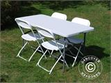 Conjunto de festa, 1 mesa dobrável (150 cm) + 4 cadeiras, Luz cinza/Branco