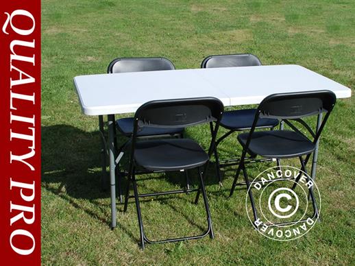 Conjunto para fiesta, 1 mesa plegable (150 cm) + 4 sillas, Gris claro/Negro