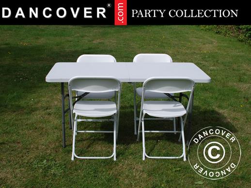 Party package, 1 folding table (153 cm) + 4 chairs, Light grey/White
