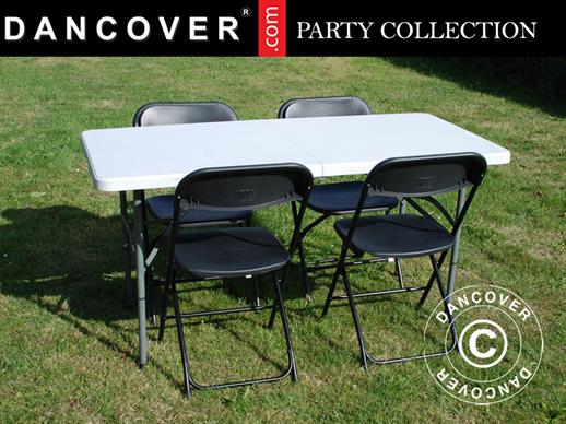 Party package, 1 folding table (153 cm) + 4 chairs, Light grey/Black