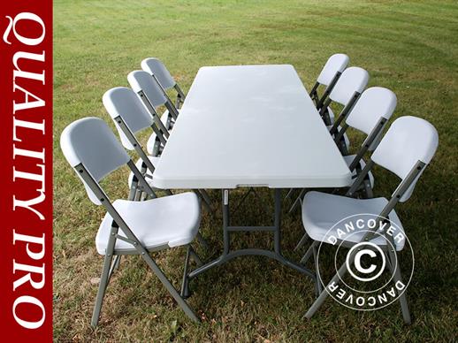 Parti forfait, 1 table pliante PRO (242cm) + 8 chaises pliantes, Gris clair/Blanc