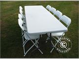 Juhlapaketti, 1 kokoontaitettava pöytä (240cm) + 8 tuolit, Vaalean harmaa/Valkoinen