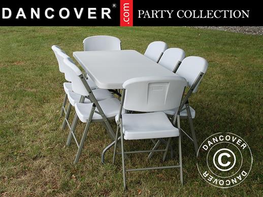 Juhlapaketti, 1 kokoontaitettava pöytä (240cm) + 8 tuolit,  Vaalean harmaa/Valkoinen