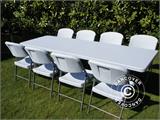 Conjunto para fiesta, 1 mesa plegable (240cm) + 8 sillas, Gris claro/Blanco