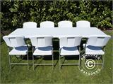 Pacchetto Party, 1 tavolo pieghevole (240cm) + 8 sedie, Grigio chiaro/Bianco