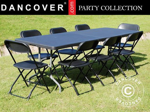 Conjunto para fiesta, 1 mesa plegable (240cm) + 8 sillas, Negro