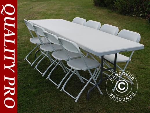 Conjunto para fiesta, 1 mesa plegable (242cm) + 8 sillas & 8 cojines para el asiento, Gris claro/Blanco