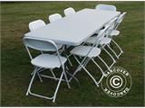 Conjunto para fiesta, 1 mesa plegable (242cm) + 8 sillas & 8 cojines para el asiento, Gris claro/Blanco