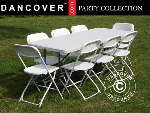 Conjunto de festa, 1 mesa dobrável (180cm) + 8 cadeiras, Luz cinza/Branco