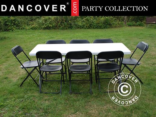 Conjunto para fiesta, 1 mesa plegable (180cm) + 8 sillas, Gris claro/Negro