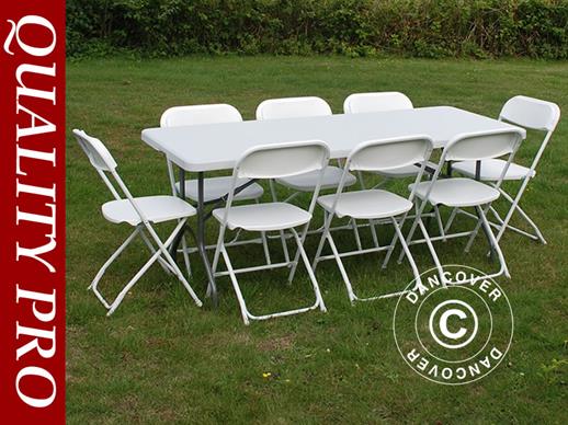 Parti forfait, 1 table pliante (182cm) + 8 chaises pliantes & 8 Coussins pour sièges, Gris clair/Blanc