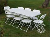 Conjunto para fiesta, 1 mesa plegable (182cm) + 8 sillas & 8 cojines para el asiento, Gris claro/Blanco