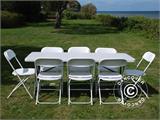 Juhlapaketti, 1 kokoontaitettava pöytä (182cm) + 8 tuolit & 8 istuintyynyt, Vaalean harmaa/Valkoinen