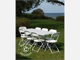 Conjunto de festa, 1 mesa dobrável (182cm) + 8 cadeiras & 8 almofadas de cadeira, Luz cinza/Branco