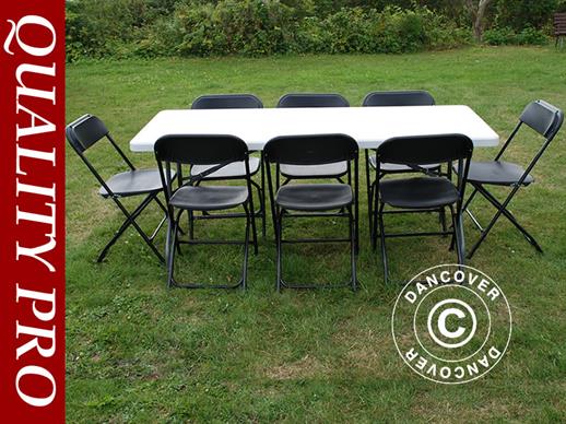 Conjunto para fiesta, 1 mesa plegable (183cm) + 8 sillas, Blanco/Negro