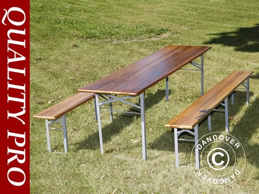 Ensemble table et bancs de brasserie, 220x60x76 cm, bois sombre