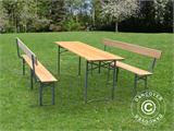 Ensemble table et bancs de brasserie 220x60x76cm, avec dossier, bois clair, RESTE SEULEMENT 1 PC