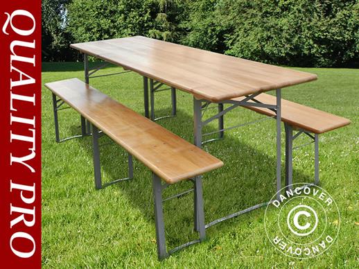 Ensemble table et bancs de brasserie, 240x60x76 cm, bois clair