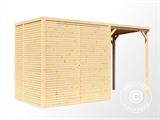 Casetta da giardino in legno con tettoia laterale, Bertilo Cubico 2Plus, 3,73x1,57x2,08m, Naturale