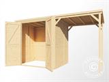 Casetta da giardino in legno con tettoia laterale, Bertilo Cubico 2Plus, 3,73x1,57x2,08m, Naturale