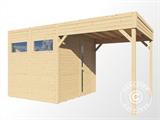 Casetta da giardino in legno con tettoia laterale, Bertilo Cubus 2L, 4,49x2,34x2,32m, Naturale